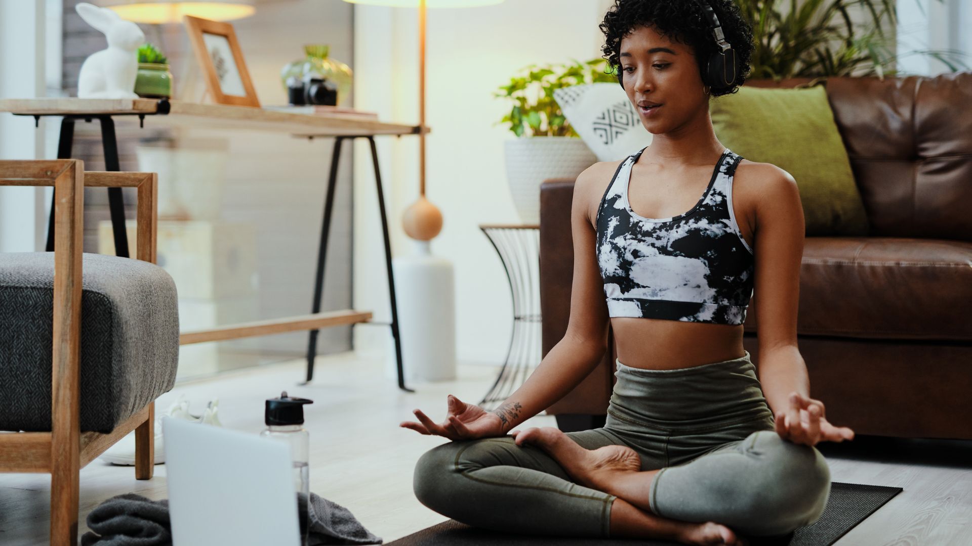 Woman meditating at home.